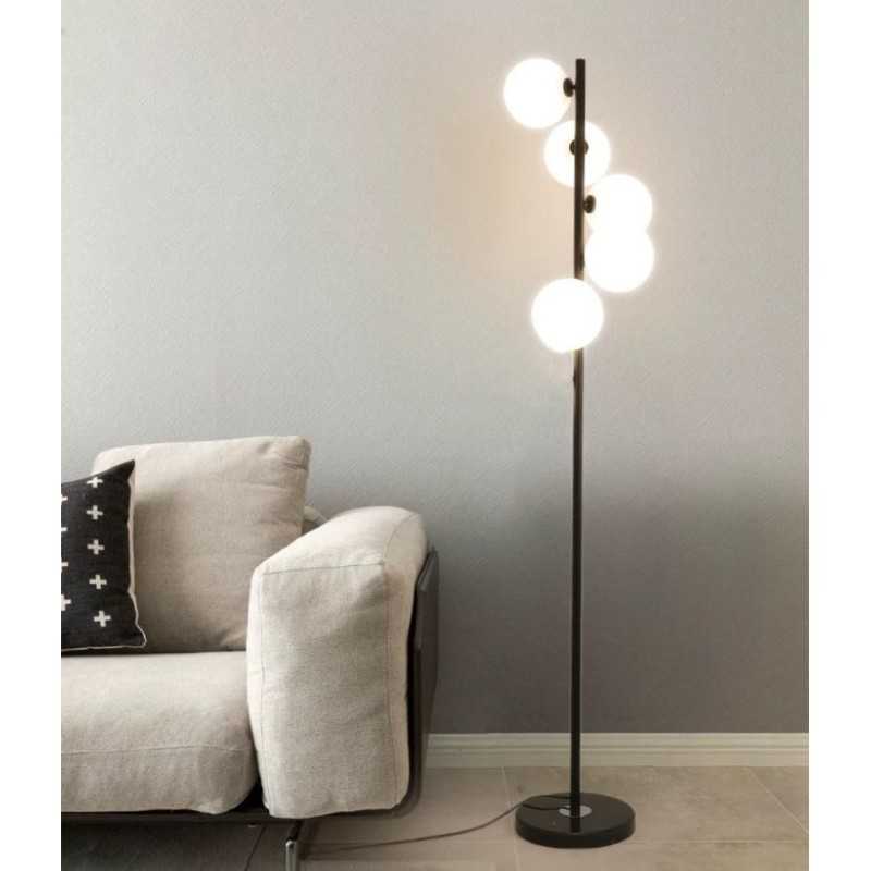 Lampadar 177cm Cu 5 Glob Alb Mat Negru in stoc